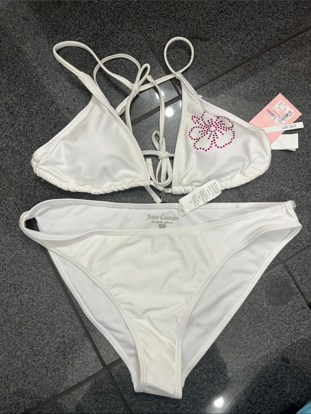 Juicy Couture White Triangle Bikini with Pink Rhinestone Logo